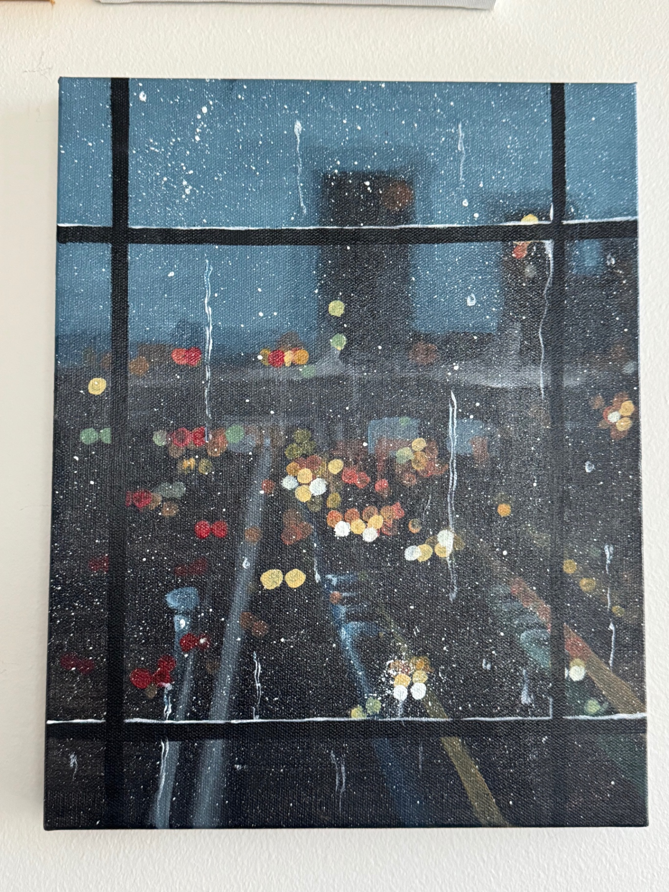 City lights through a rain-streaked window