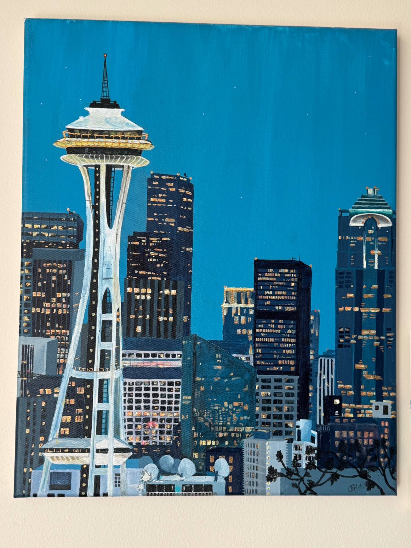 Seattle skyline at dusk, Space Needle lit up